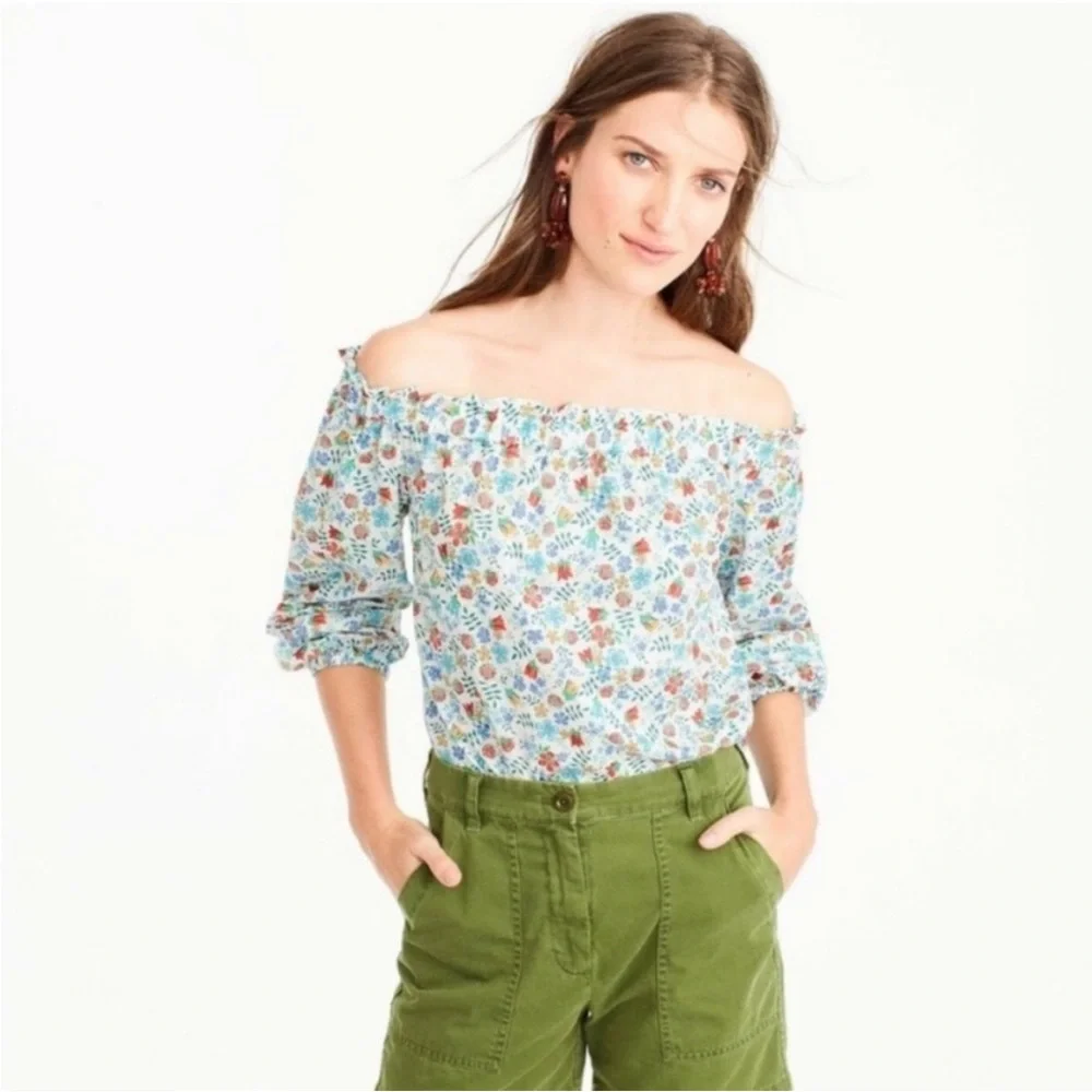 J. Crew Off-Shoulder Floral Blouse in Light Blue with Multi-Color Print